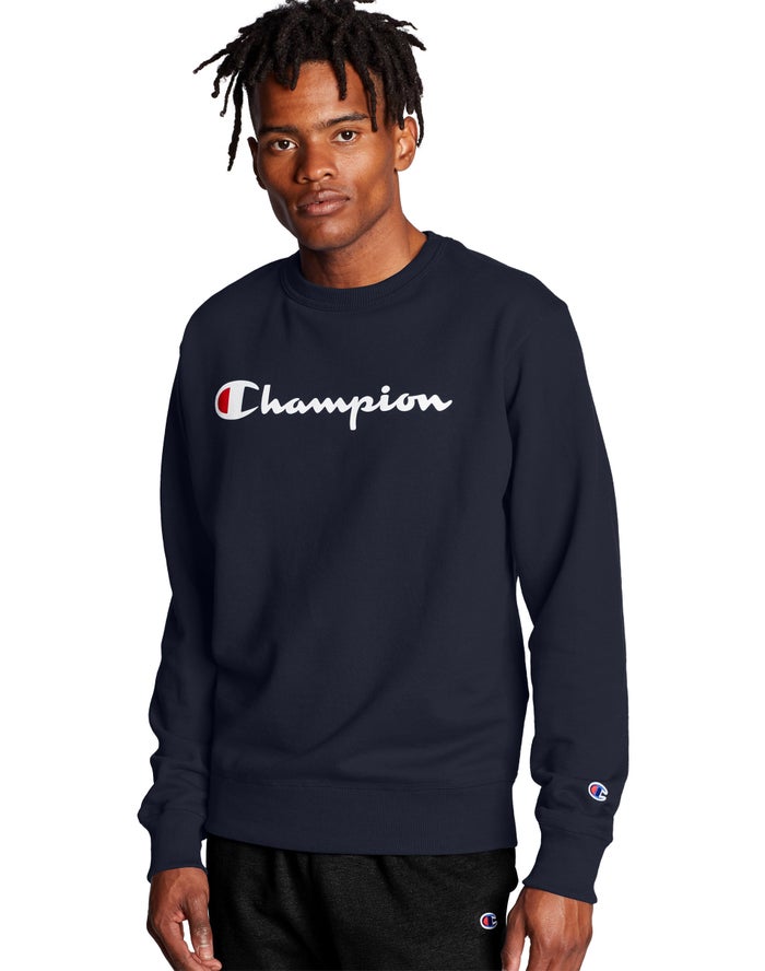 Champion Herre Sweatshirt Mørkeblå - Powerblend Crew Script Logo - Danmark DEH-241065